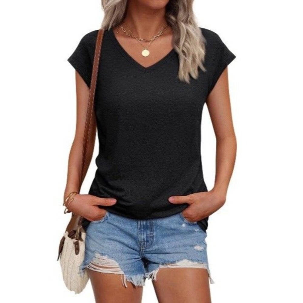 Women’s Casual V-Neck T-Shirt Black Size 2XL
